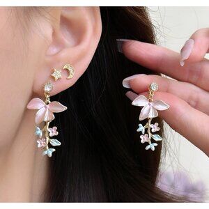 Gentle and elegant pink oil painting style flower tassel earrings
